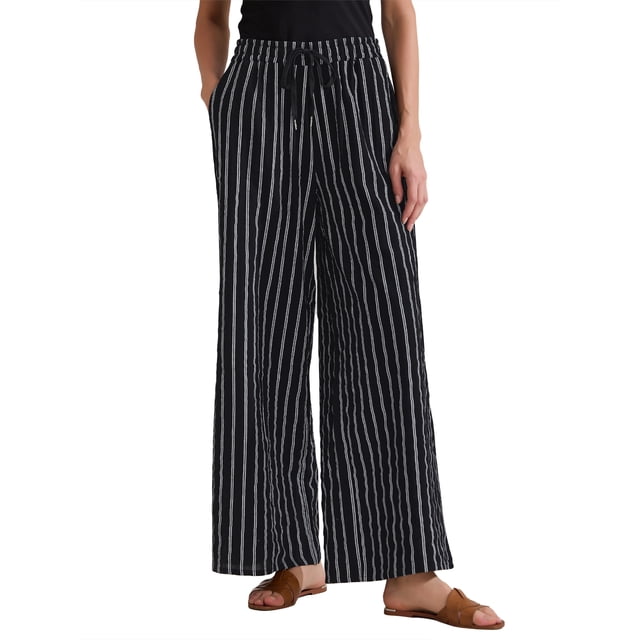 Pantalones de rayas de tiro alto y pierna ancha de algodón sueltos para mujer INSPIRE CHIC en negro