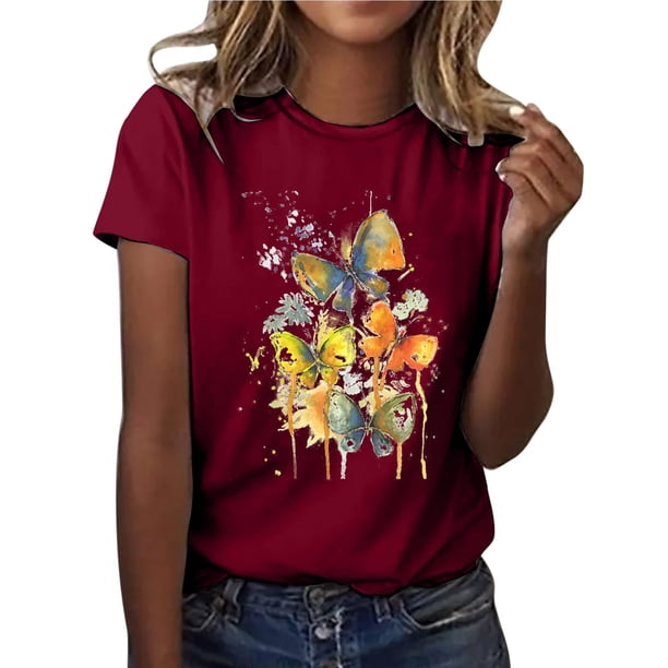 Blusa de manga corta de verano con cuello redondo para mujer a la moda, camisetas con estampado informal Fridja hjk3469