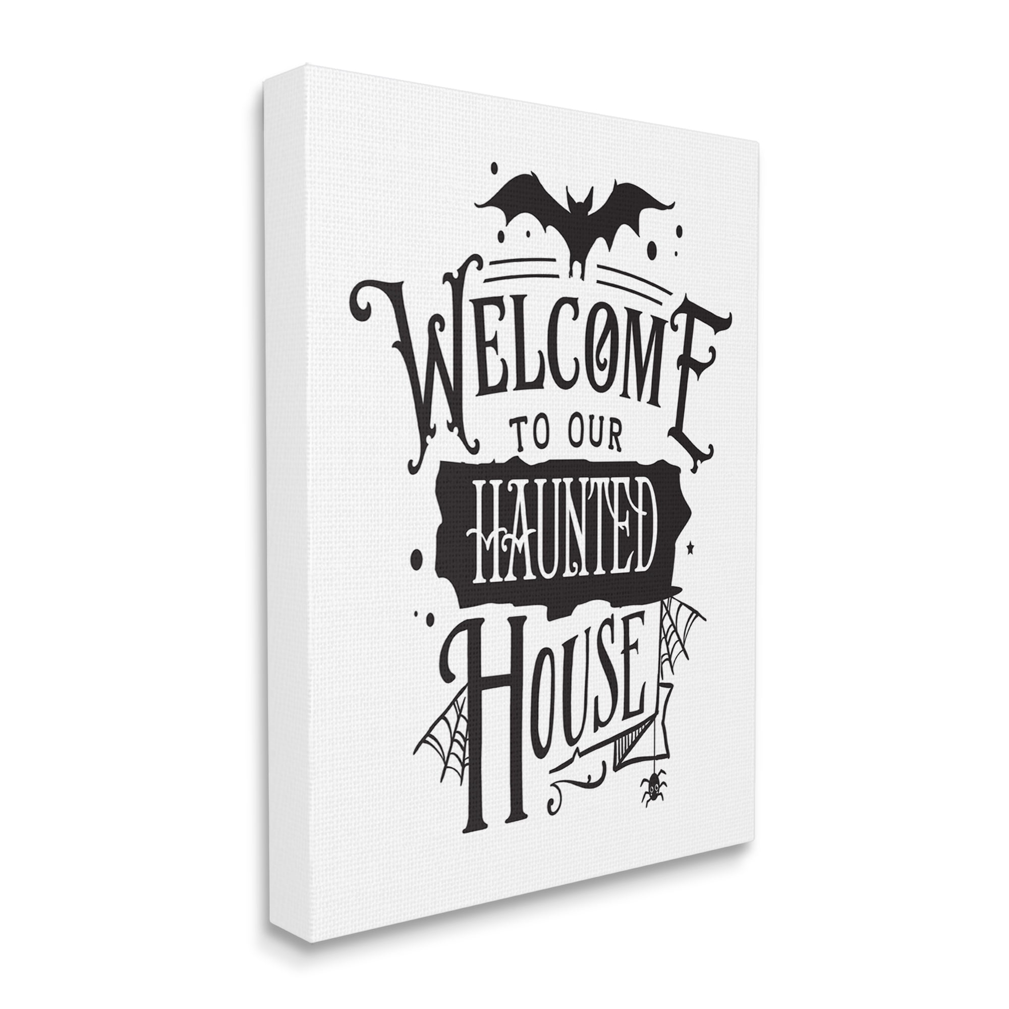 Welcome Haunted House Halloween Bat Spider Webs Inspirational Graphic Art Gallery-Wrapped Canvas Print Wall Art