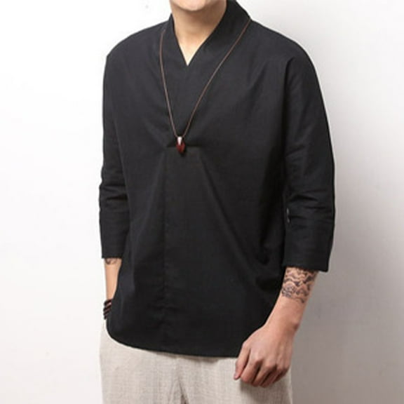 WAENQINLA Men's Linen T Shirts Big and Tall Summer Solid Color V-Neck Shirt Comfortable Loose Fit 3/4 Sleeve Shirt,M-5XL