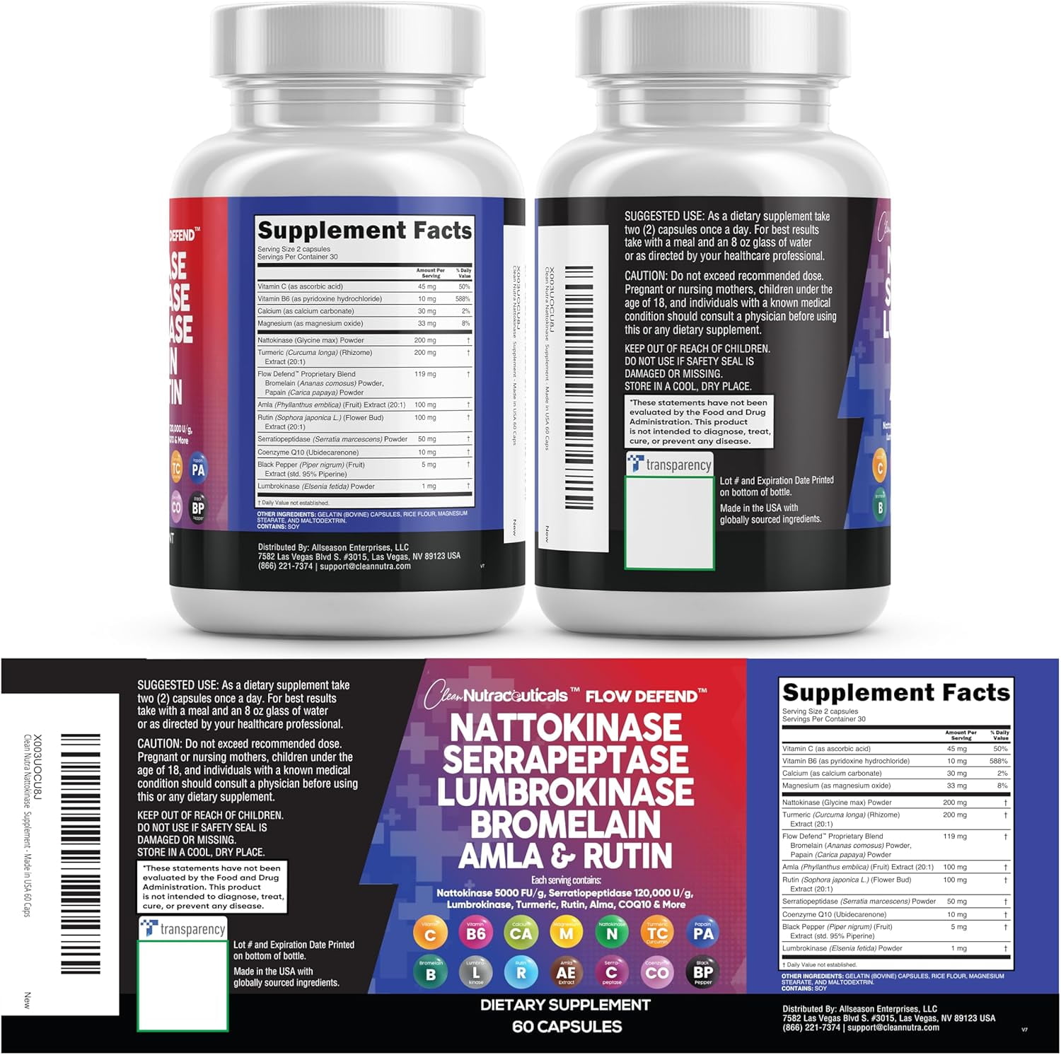 Clean Nutraceuticals Nattokinase 5000 FU Serrapeptase 120000 SPU Lumbrokinase Enzyme Supplement with Bromelain Papain Papaya Enzymes Rutin Extract Amla Magnesium Vitamin B6 & VIT C Capsules