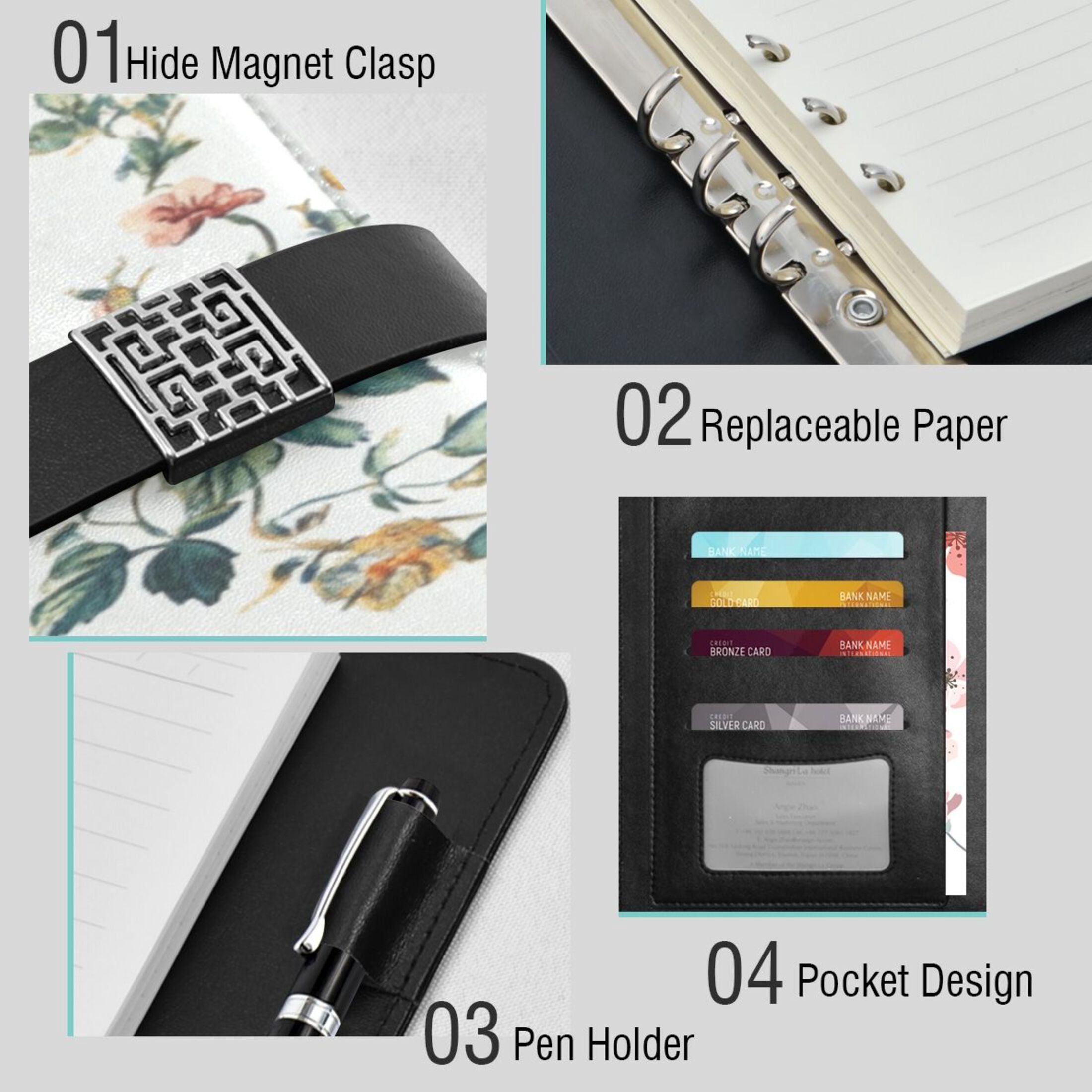 9.2x6.7 inch Leather Notebook 100 Sheets, Multi-Pocket Design & Pen Loop Beautiful Vintage Floral Pattern Refillable Journal Organizer