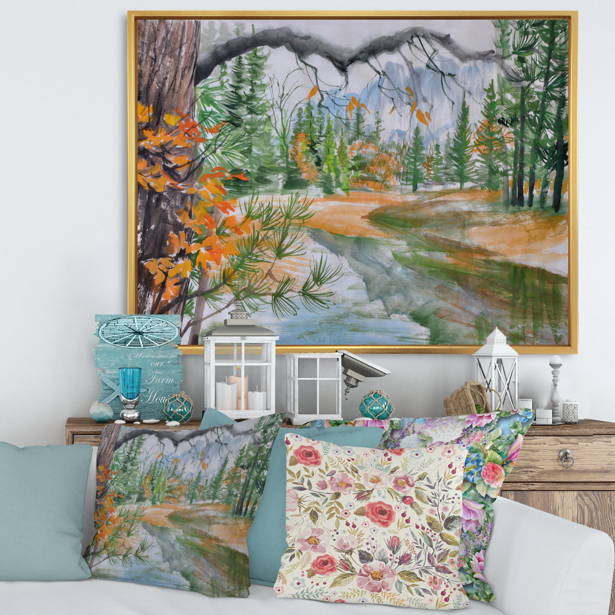 Trees With River In Autumn Forest 32 in x 16 in Framed Painting Canvas Art Print, by Designart