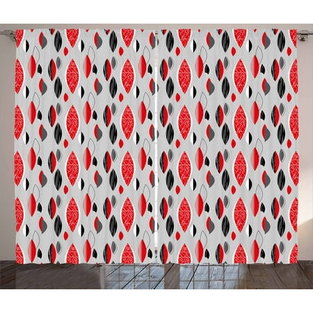 Mid Century Curtains 2 Panels Set, Abstract Oval Leaf Forms with Different Designs and Color Combinations, Window Drapes for Living Room Bedroom, 108W X 90L Inches, Red Black Pale Grey, by