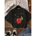 thumbnail image 1 of Men'S Casual Crew Neck T-Shirt with Vibrant Apple & Caterpillar Design - Black Polyester, Short Sleeve, All-Season Wear, Casual Attire|Playful Graphic Tee|Knit Construction, 1 of 6