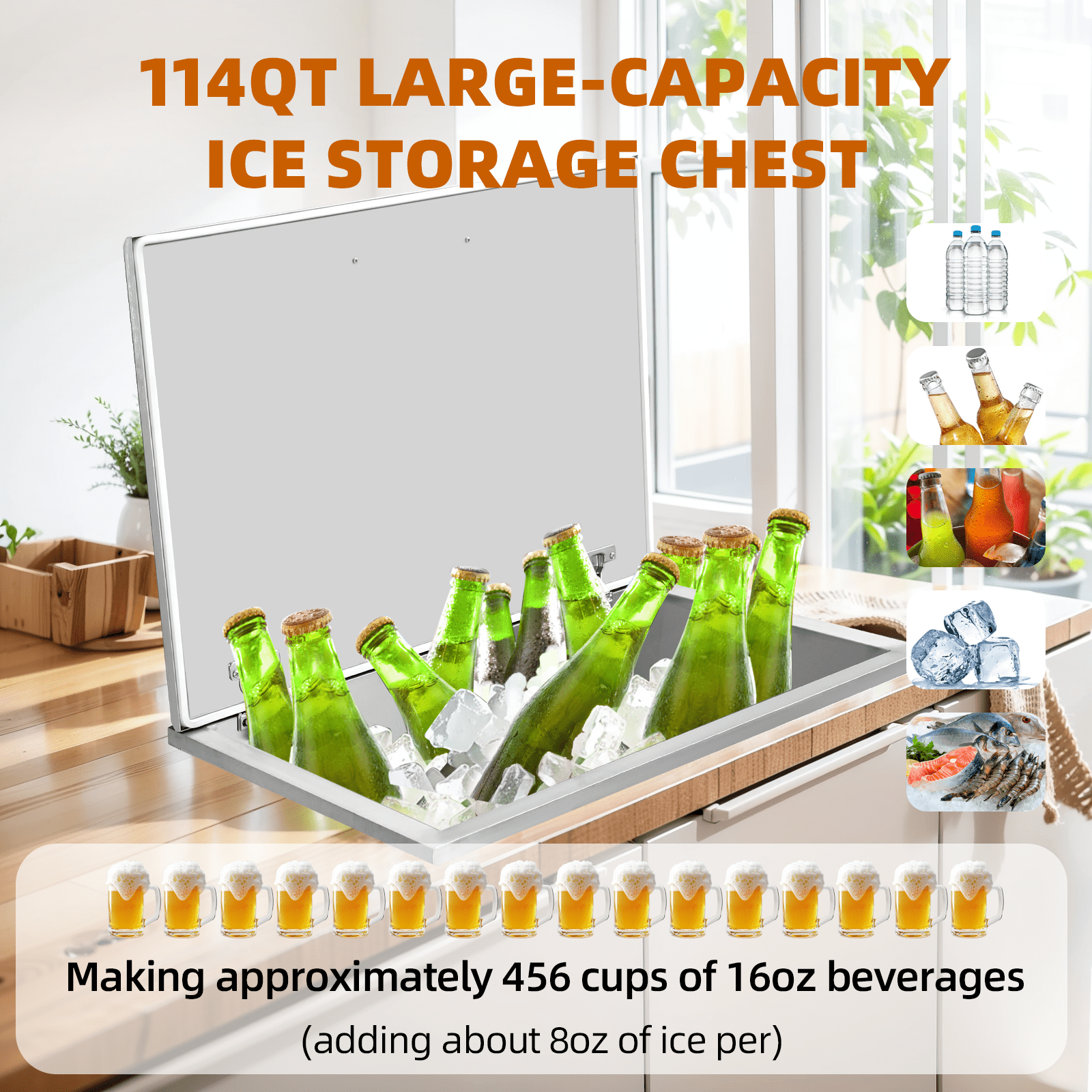 Drop In Ice Chest, 114 Quarts Capacity Ice Cooler, Commercial Stainless Steel Ice Bin with Hinged Cover, Outdoor Kitchen Ice Bar for Cold Wine Beer, 28"Lx20"Wx17"H
