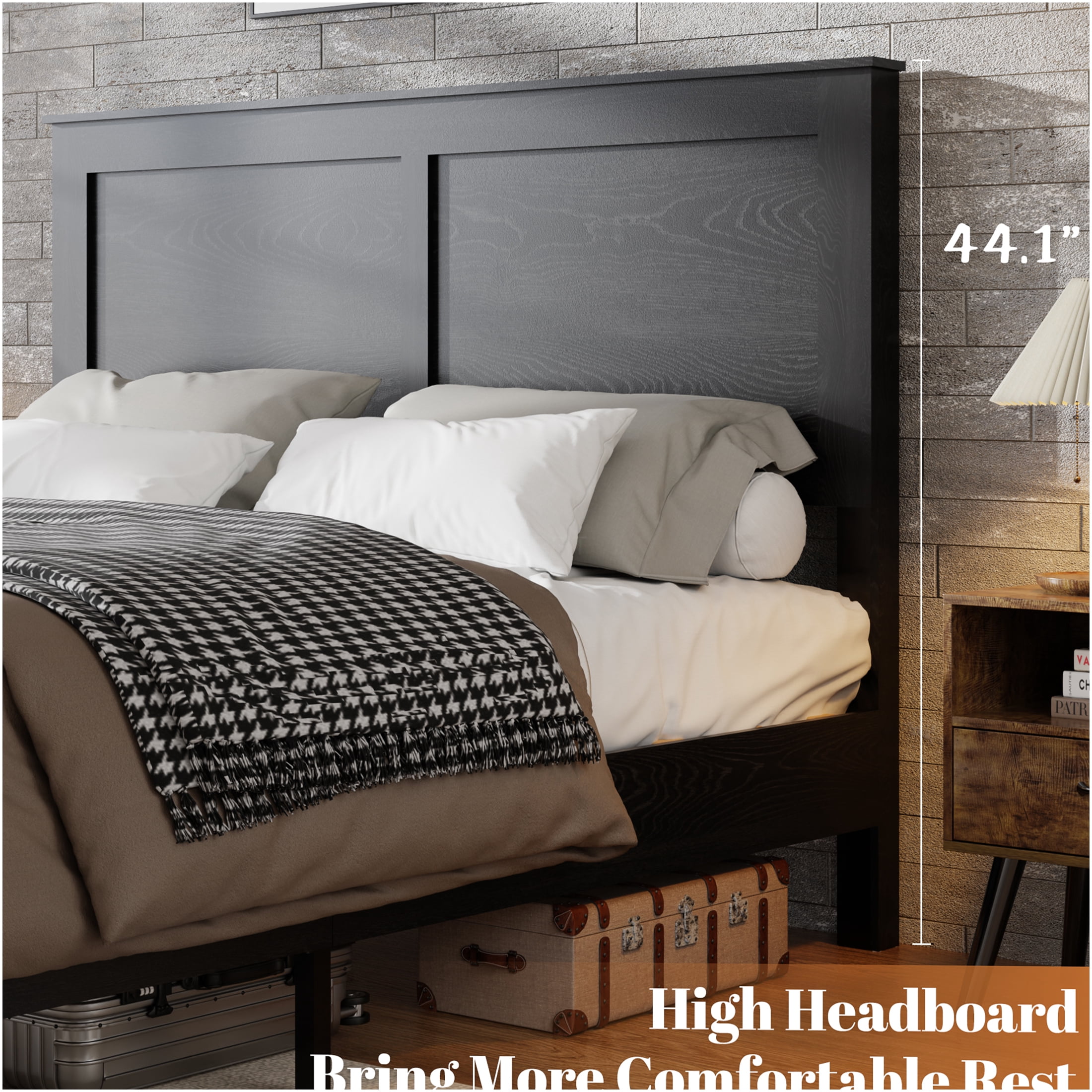 JERFIT King Size Bed Frame with Storage, Antique Black Wood Platform Bed, Noise Free Heavy Duty Metal Frame, No Box Spring Needed, Easy Assembly Tool