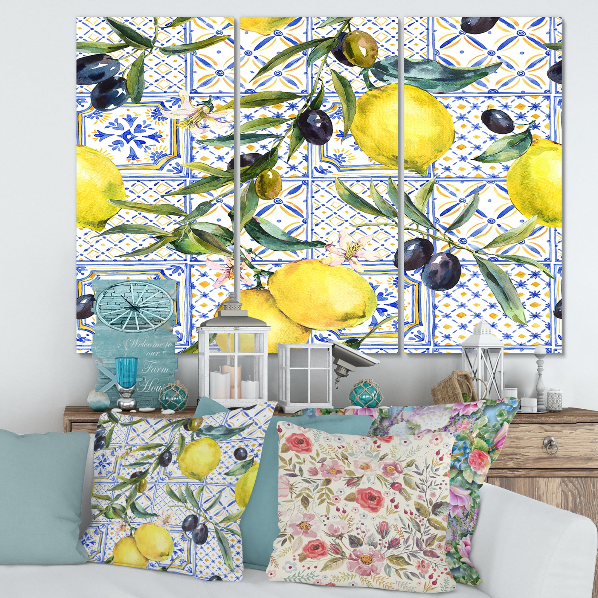 Designart ' Geometrical Pattern of Lemon Ornament On Blue III ' Tropical Canvas Wall Art Print