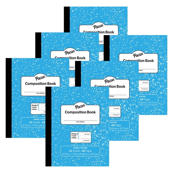 Pacon Composition Book, Grade 2, Blue Marble, 3/4" x 3/8" x 3/8" Ruled, 9-3/4" x 7-3/4", 24 Sheets, Pack of 6