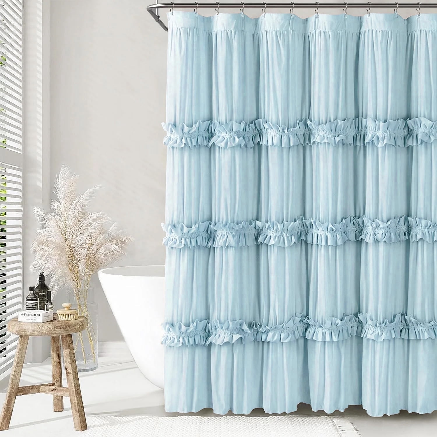 Psoiuetr Ruffle Vintage Shower Curtain Boho Farmhouse Shower Curtain for Bathroom Blue 72" L x 72" W