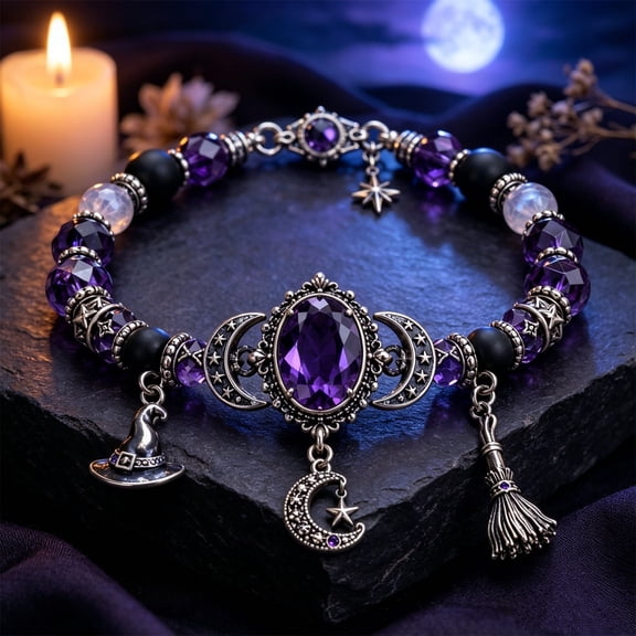 Witch Crystal Moon Pendant Bracelet, Celestial Phase Charm Jewelry with Polished Beads, Mystical Halloween Accessory for Costume, Party, Daily Outfit, Personal Collection & Gift Giving