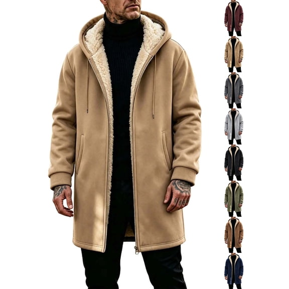 Ywyfzly Men's Hooded Fleece Coat Zip Up Sherpa Lined Long Jacket with Pockets Solid Color Warm Winter Outerwear Khaki XL