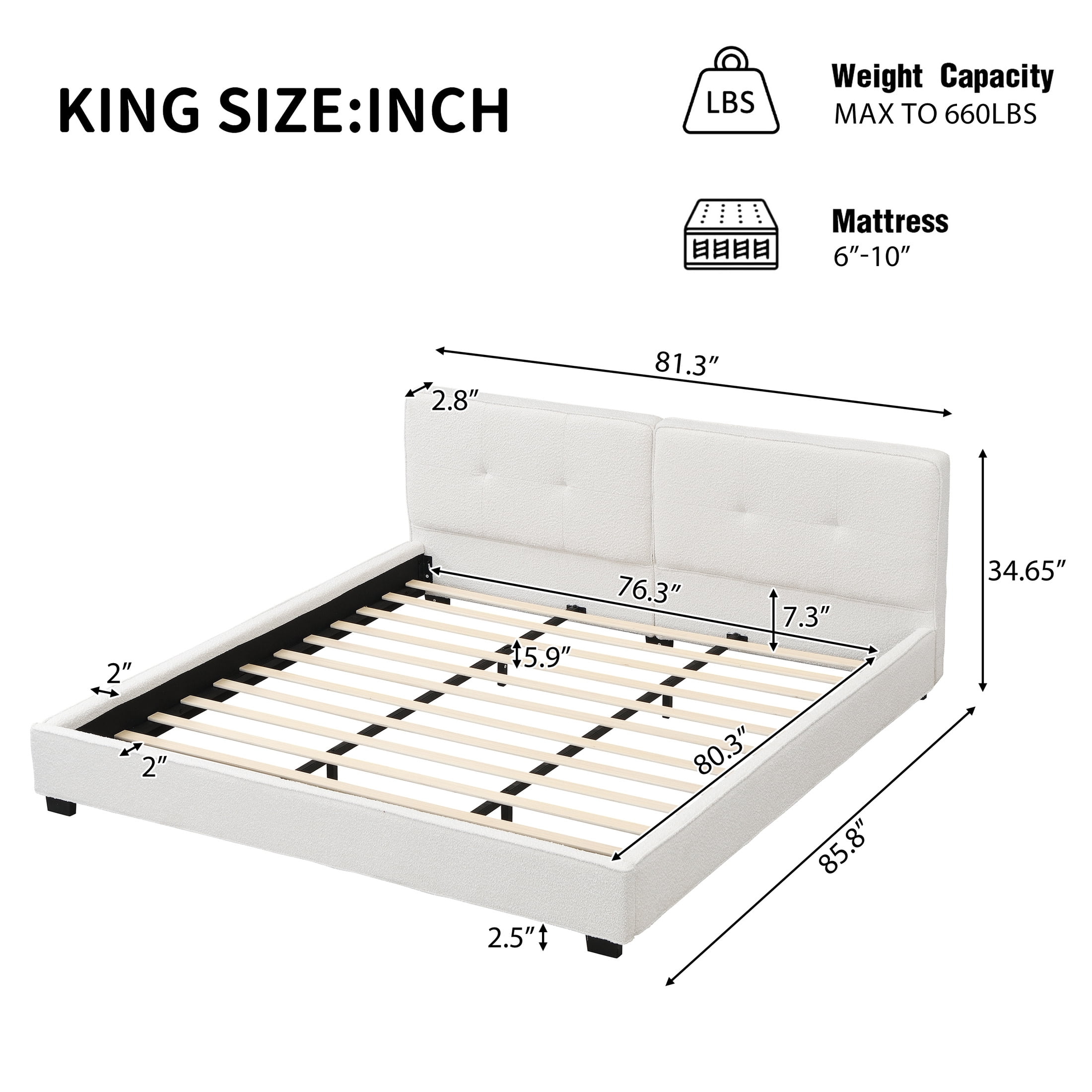 Christopher Knight Home 85.8" King Size Bed Frame with Curved Tufted Headboard, Beige Boucle Upholstery