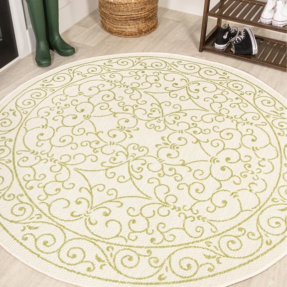 JONATHAN Y SANTA MONICA 5' Round Area Rug, Charleston Vintage Filigree Textured Weave - Cream/Green, SMB106I-5R