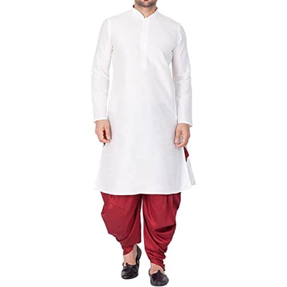 Royal Kurta Men's Silk Blend Straight Kurta Salwar Set (42, WHITE-MAROON)