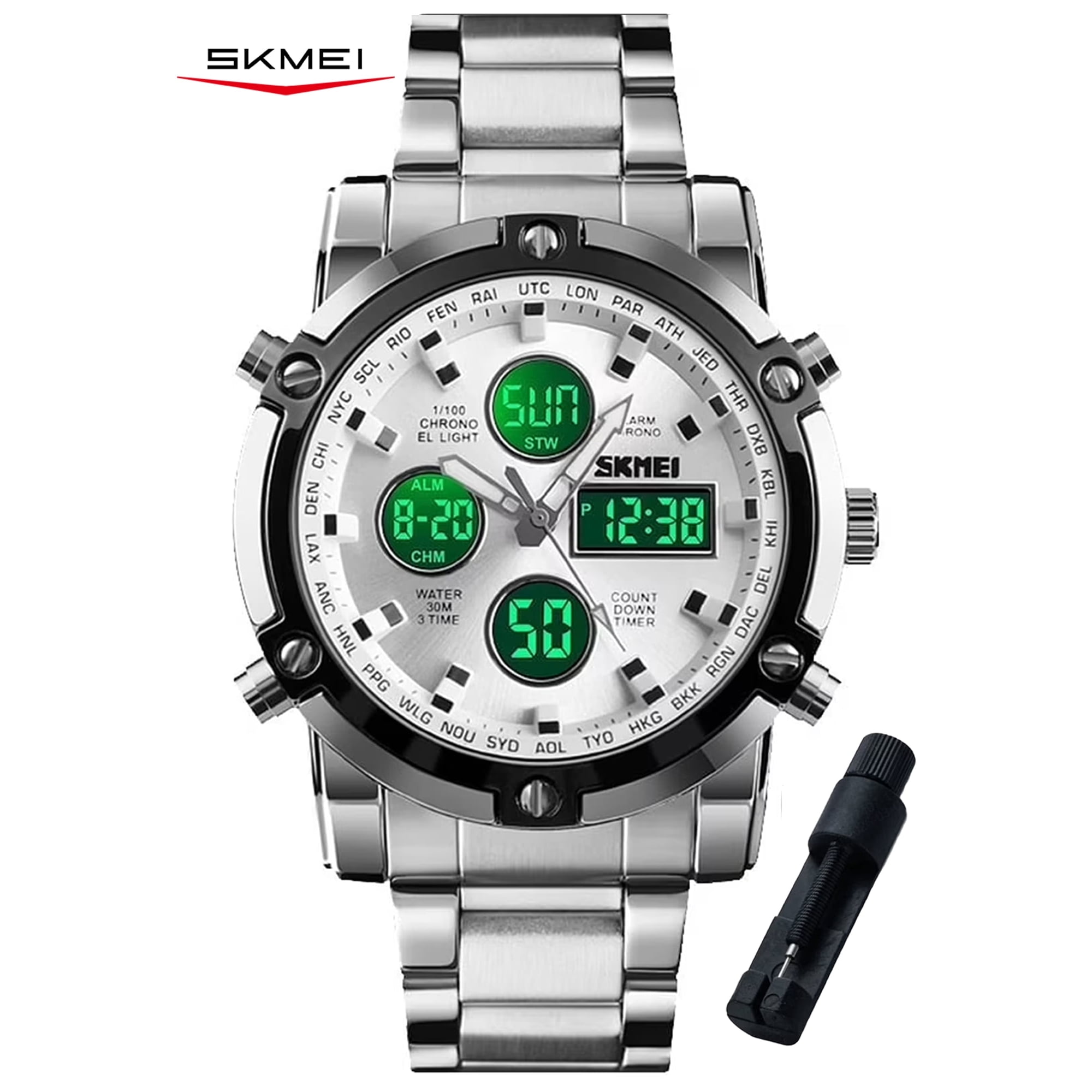 SKMEI Mens Wrist Watch, Waterproof Military Analog Digital Watches with LED Multi Time Chronograph, Stainless Steel Business Quartz Watches for Men