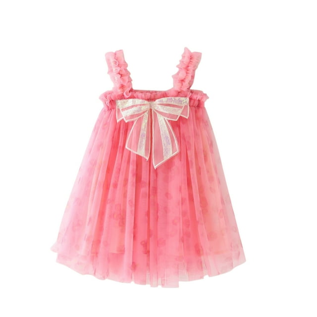 XASZHN Robe de Carnaval Sans Manches pour Tout-Petites Filles avec Nœud à Paillettes, Robe Superposée en Maille Teinture sur Nœuds Rose Vif 3-4 Ans