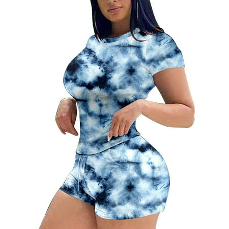 

Dadaria 2 Piece Outfits for Women Shorts Set Summer Sports Suit Round Neck Print Short Sleeve Shorts Set Blue XXL Female