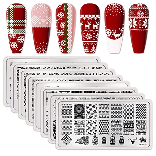 Stamping Plates Set Christmas Nail Art Stamping Plates Snowflakes Snowman Christmas Elk Image Stamp Templates Kit Plaid Flowers Lace Nail Image Plates Nail Manicuring DIY Printing Tools 8Pcs