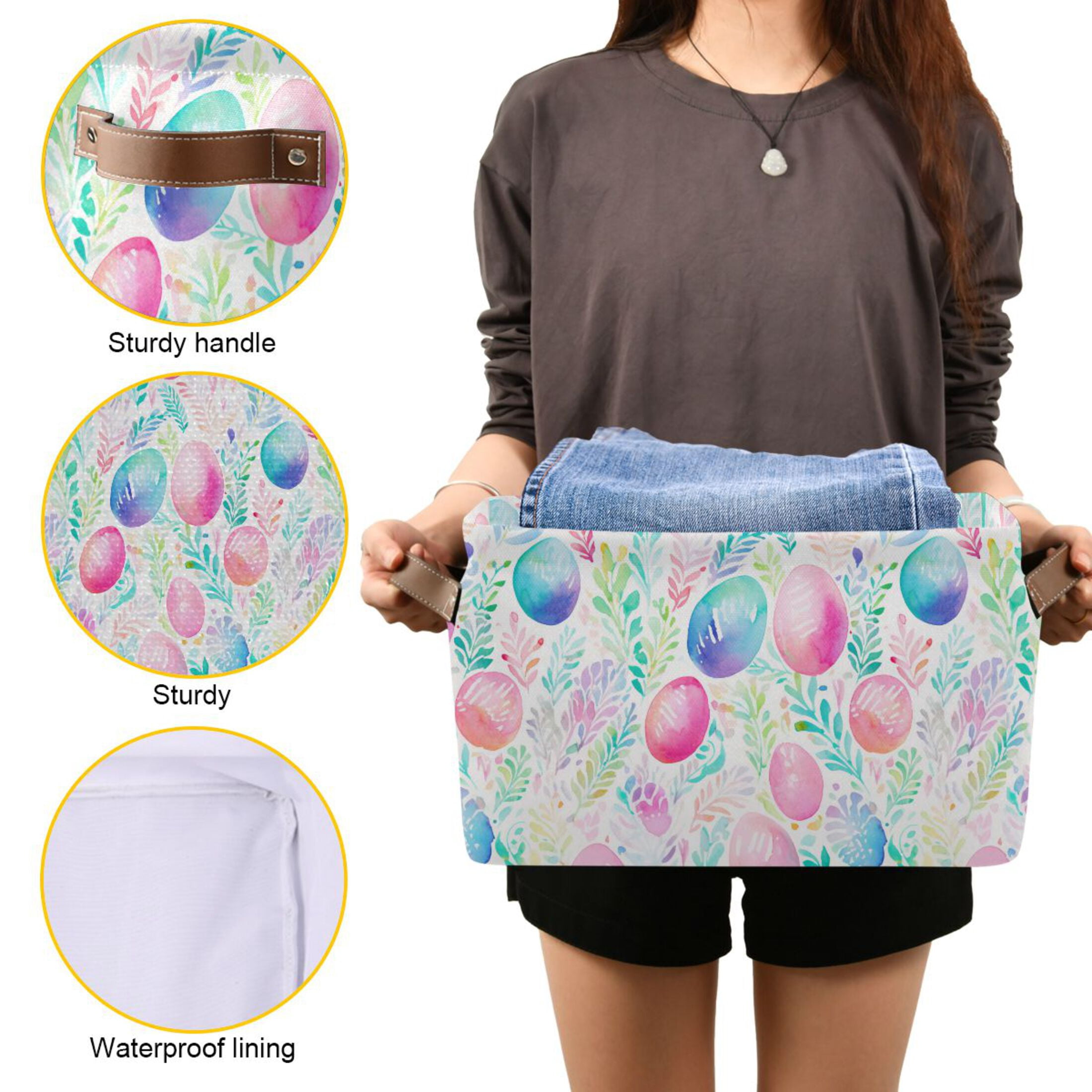 Easter Eggs and Leaf Storage Bins with Handle Fabric Organizer Basket Foldable Box 2 Pack 14.2x10.2x8.3