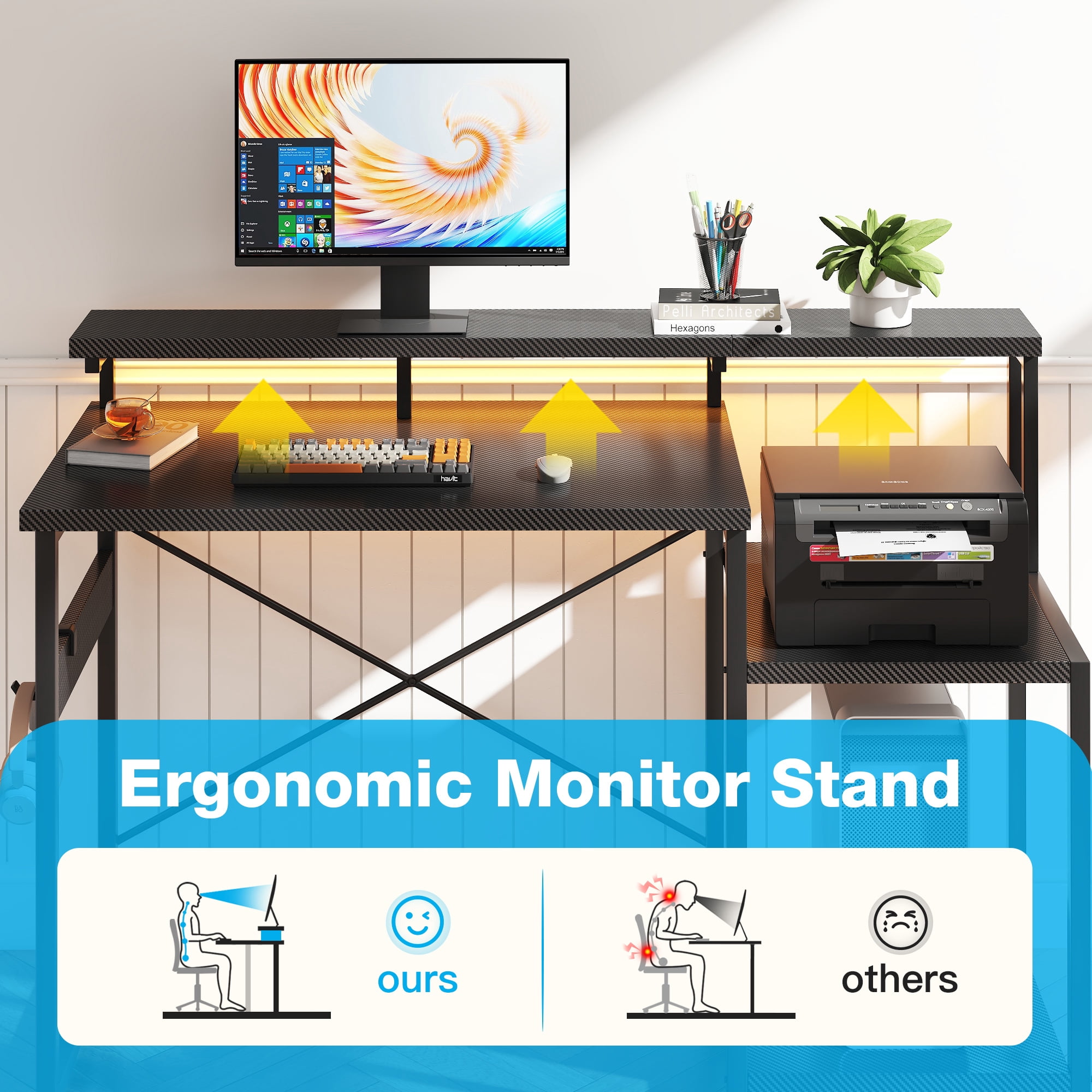 Casacomoda 48 Inch Computer Desk with Monitor Stand & LED Lights, Home Office Desk with Adjustable Printer Shelf & CPU Stand, Black Carbon