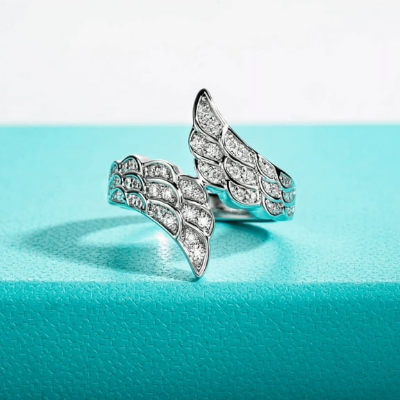 Silvago Jewel Round Cut 1.1 Ct Lab Created Diamond Wedding Ring for Women's - 14K White Gold Plated Diamond Ring - Angel Wings Round Cut Engraved Sterling Silver Women's Anniversary Ring for Her