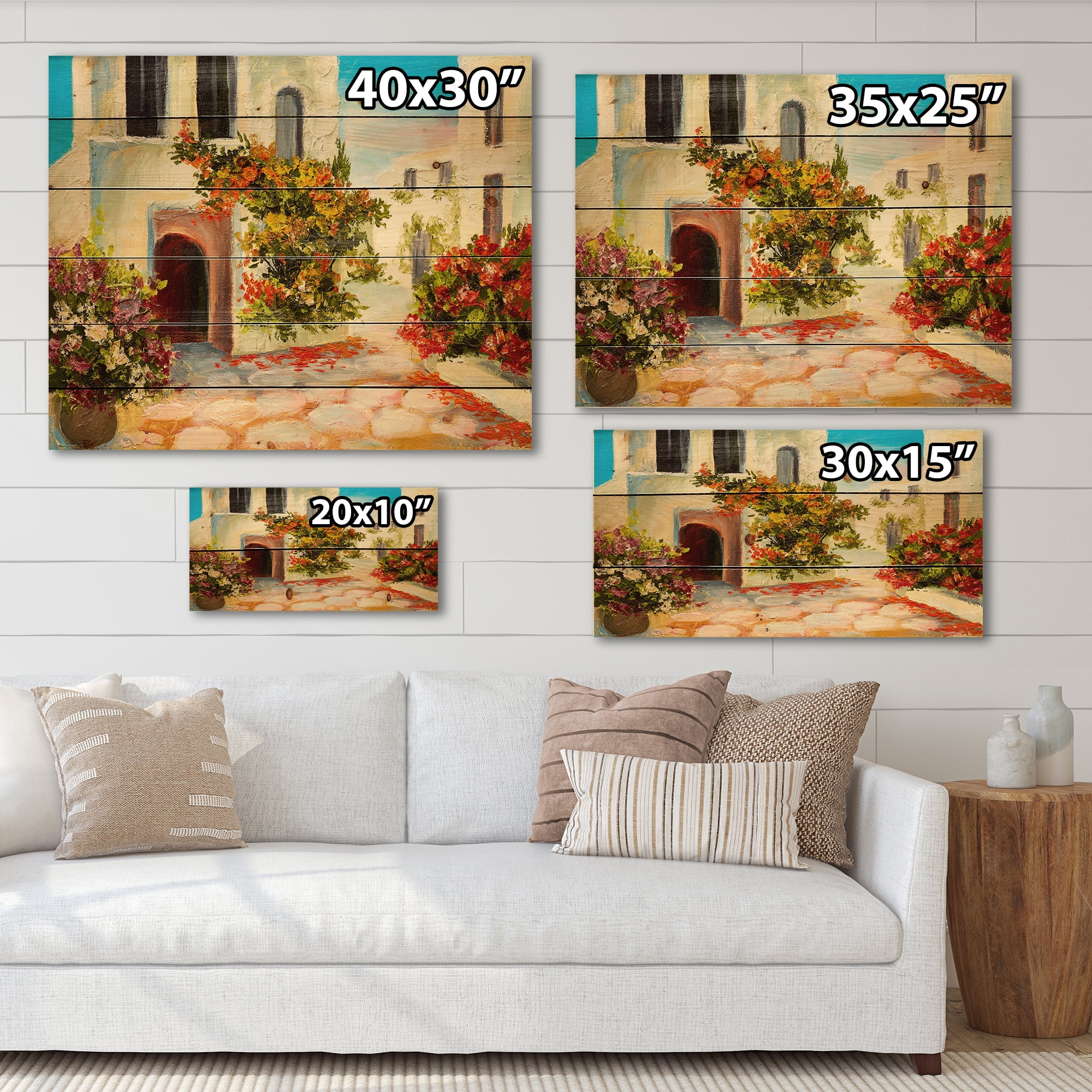 Designart 'The Mountain With Flowers With Little House I' Nautical & Coastal Print on Natural Pine Wood