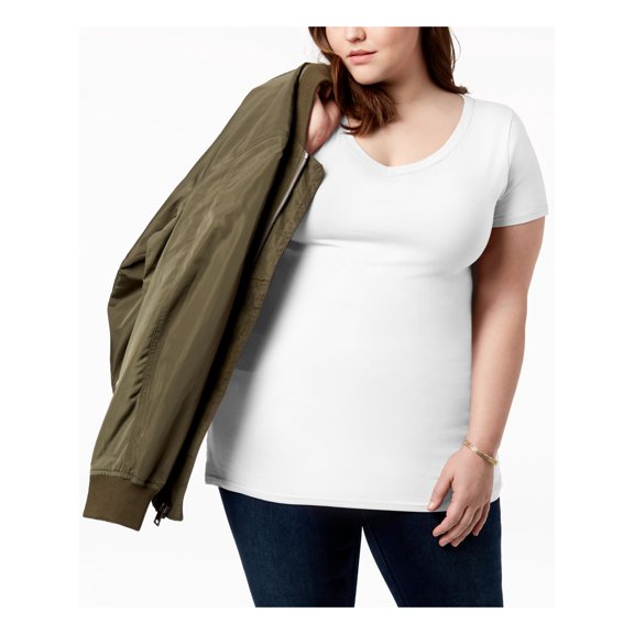 AVETO Womens White Fitted Elongated Hem Short Sleeve V Neck Top Juniors 1X