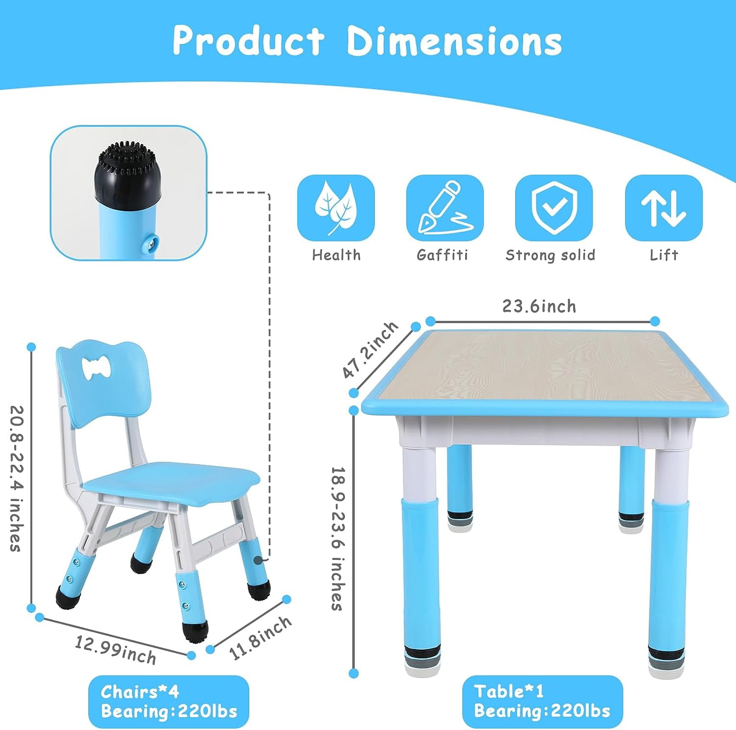 Arlopu Kids Table and 4 Chairs Set, Height Adjustable Toddler Multi Activity Desk Children Study / Dining Table, for Ages 2 - 10