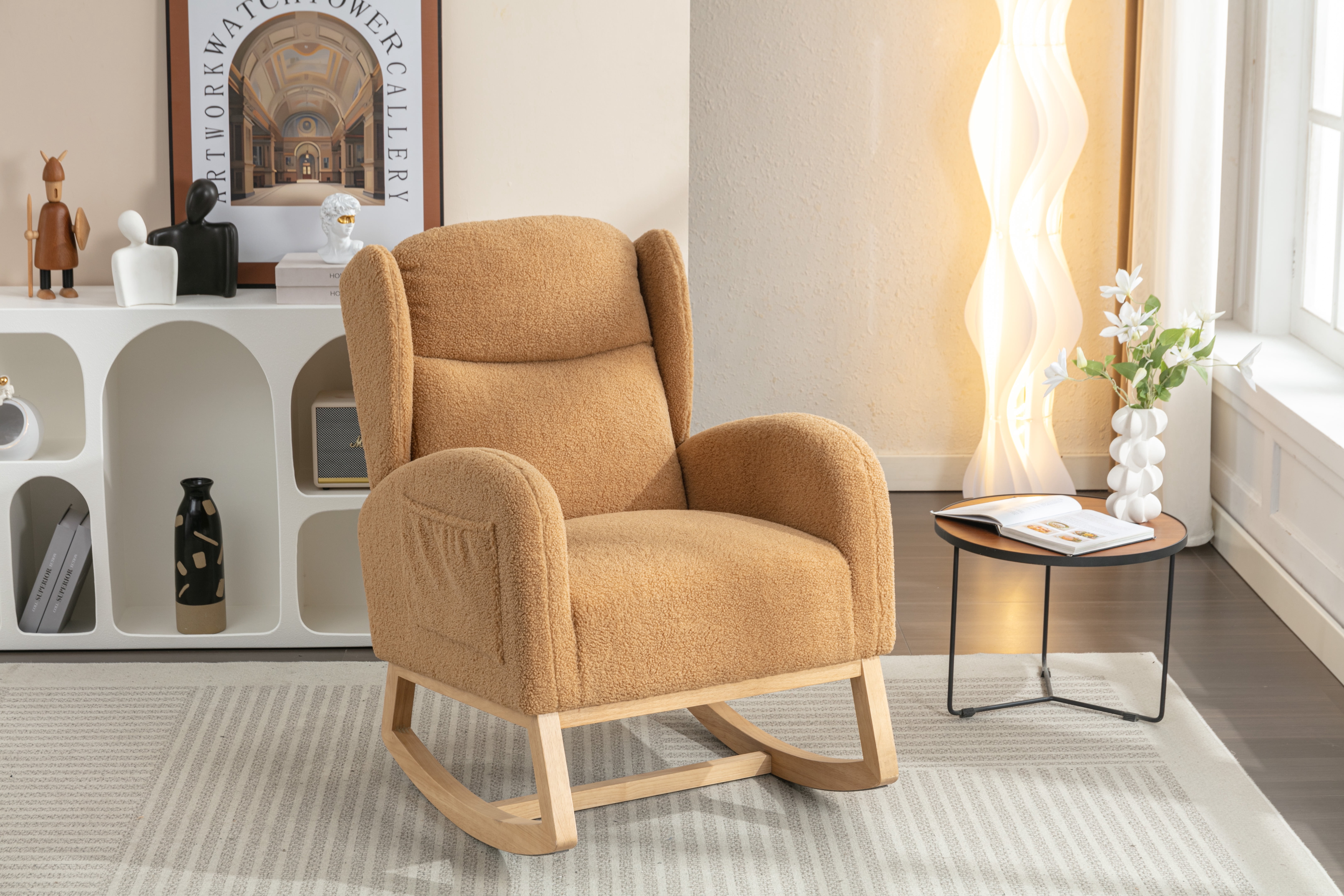 New ocking Chair, Upholstered Glider with Solid Wood Legs, High Back Wooden Rocker for Living Room, Bedroom