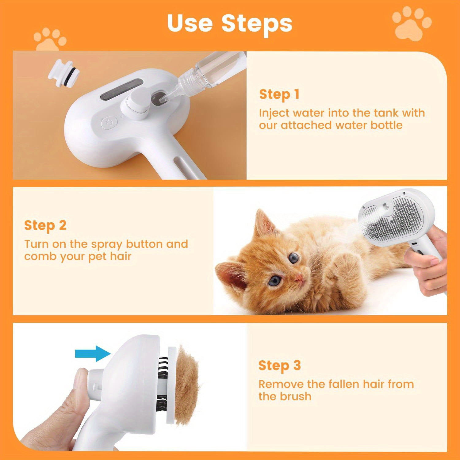 EIMELI Self-Cleaning Steam Brush for Cats & Dogs Effortlessly Removes Shedding Hairs with Water Tank and Stainless Steel Brush