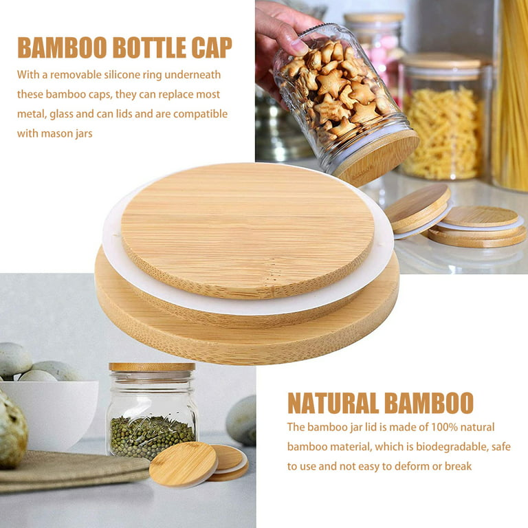 Jokapy 6 Pcs Bamboo Jar Lids with Straw Hole 70mm/86mm Wide Mouth Lid with Silicone Sealing Rings, Size: 70 mm