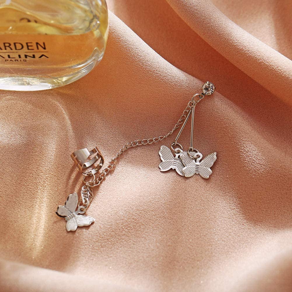 1 Pair Silver Butterfly Ear Cuff Clip Chain Earrings for Women Girl Bohemian Dainty Butterfly Crawler Climber Long Multi Tassel Dangle Earrings Jewelry