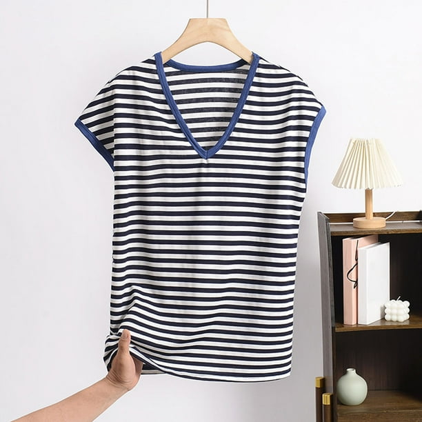 Pijama de manga corta para mujer, informal, holgado, a rayas, con cuello en V, de verano, fino, de poliéster