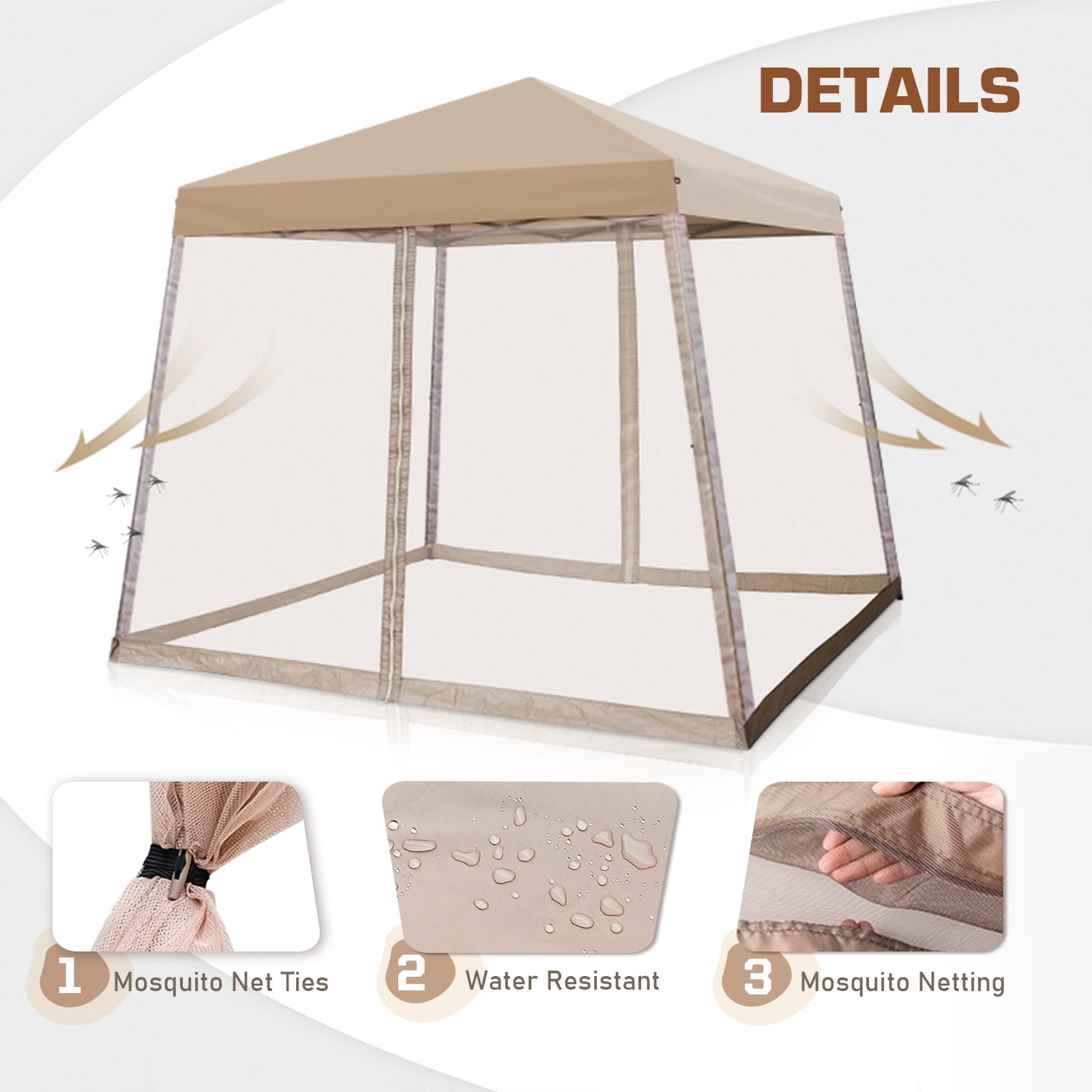 EAGLE PEAK 10x10ft Slant Leg Easy Setup Pop-up Canopy Tent with Mosquito Netting 64 Sqft of Shade, Beige