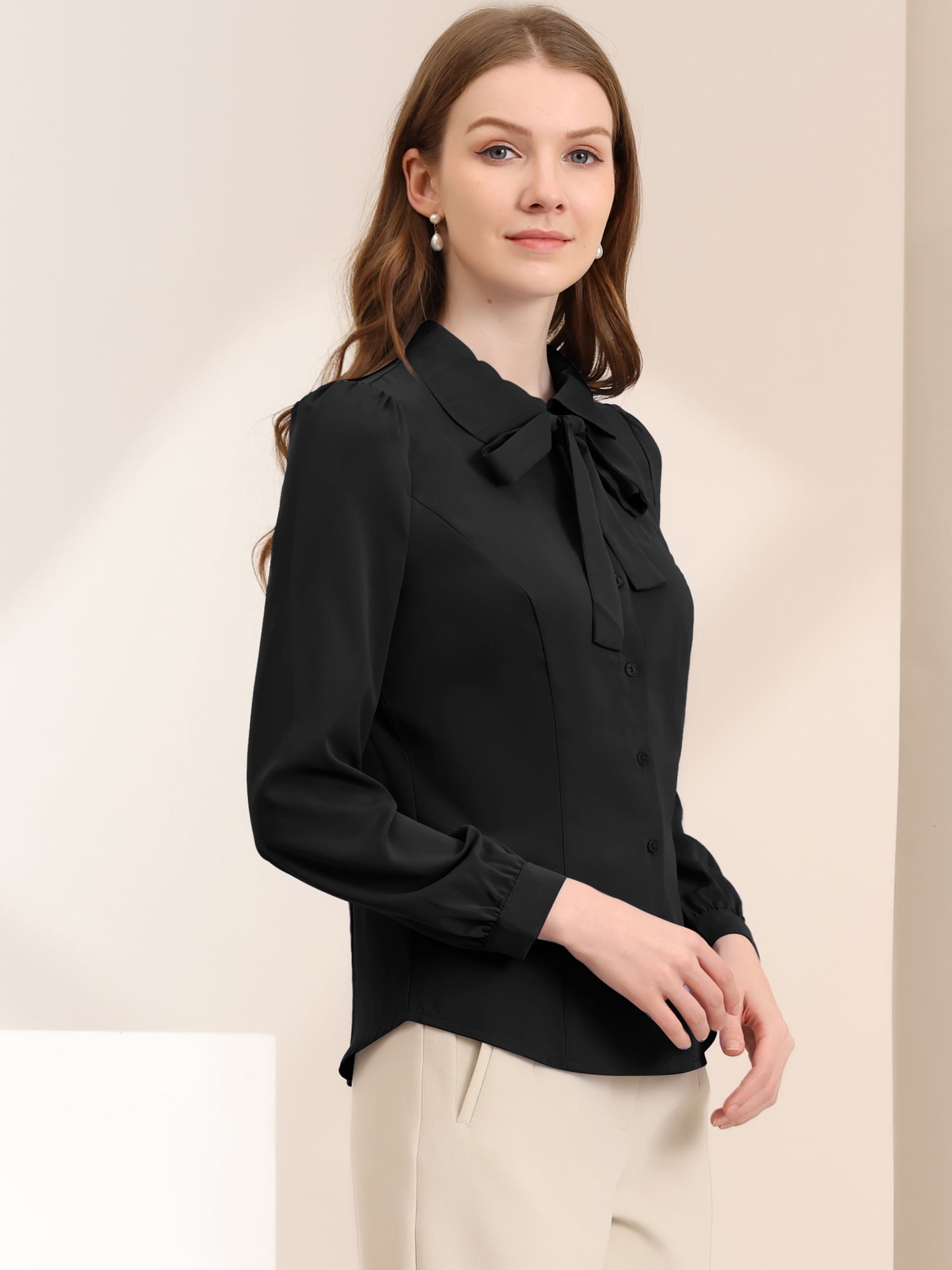 DARING DIVA Pan Collar Bow Tie Neck Work Office Shirt XL Black