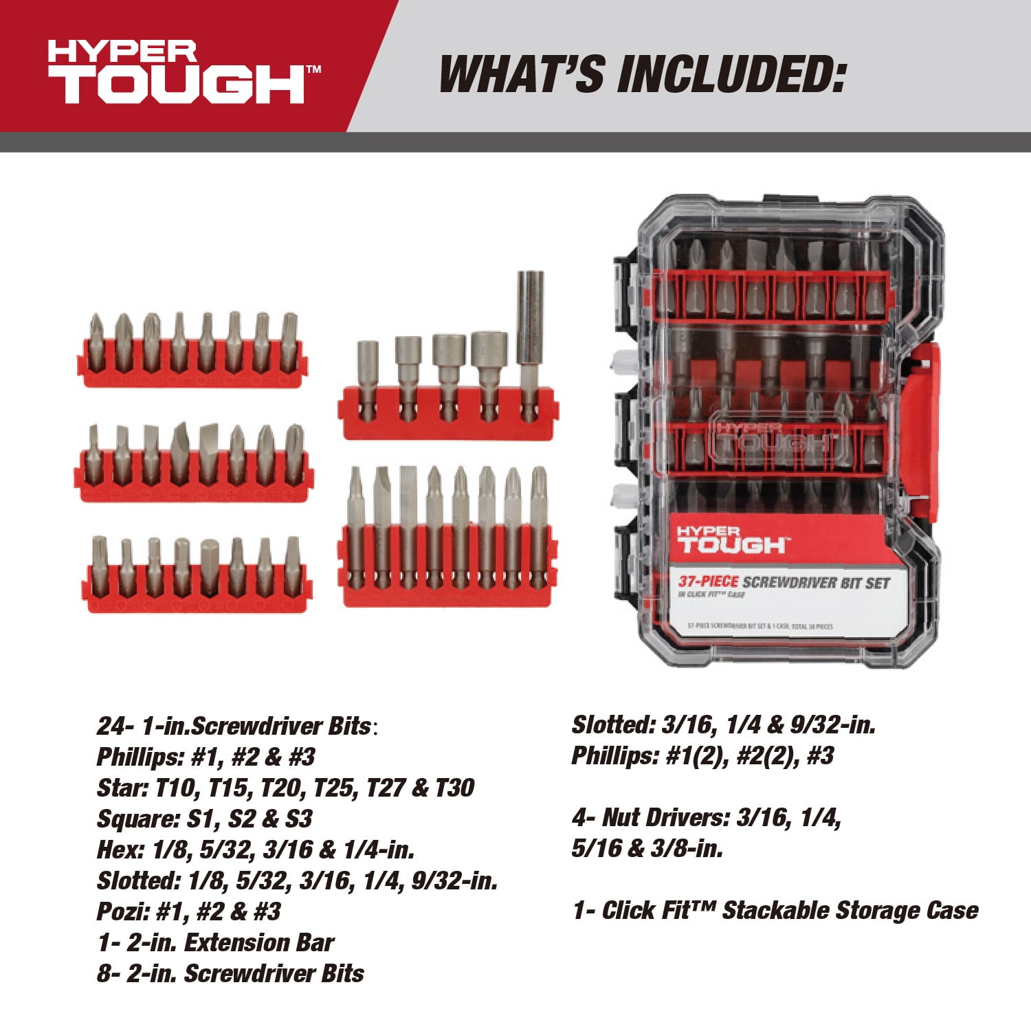 Hyper Tough 37-Piece Screwdriver Bit Set in Click Fit Case