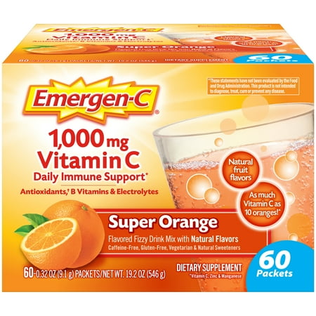 Emergen-C 1000mg Vitamin C Powder, with Antioxidants, B Vitamins and Electrolytes for Immune Support, Caffeine Free Vitamin C Supplement Fizzy Drink Mix, Super Orange Flavor - 60 Count/2 Month (Best Way To Build Immune System)