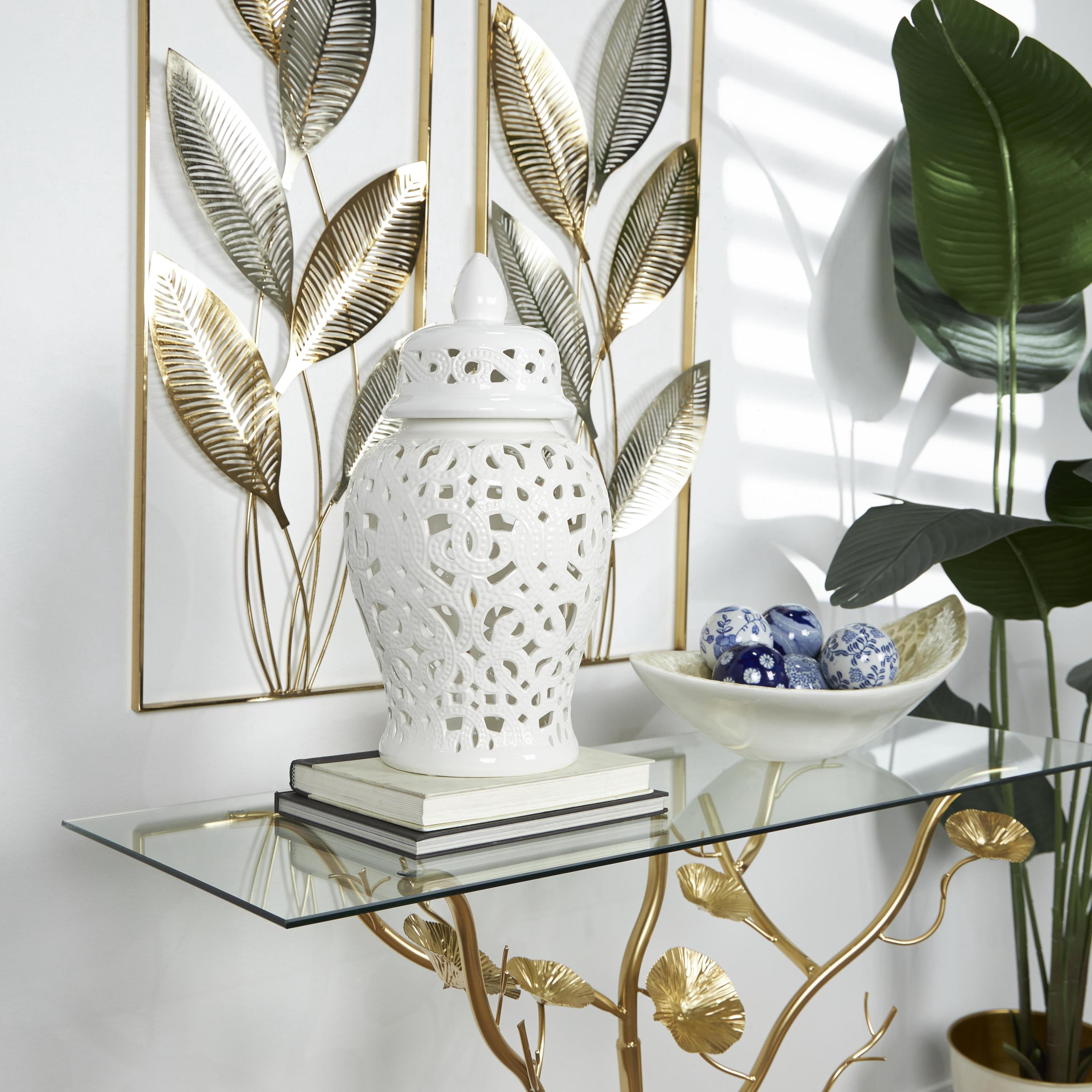DecMode 9" x 18" White Ceramic Decorative Jars with Geometric Cutout Design and Lid, 1-Piece