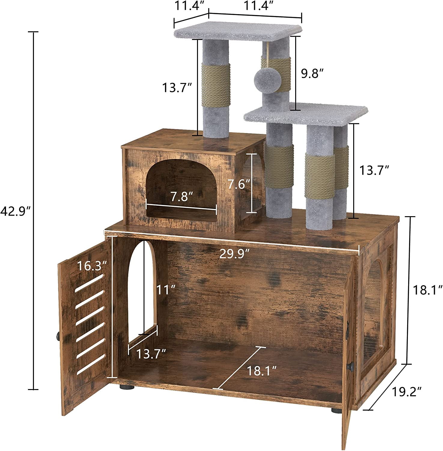 Cvortll Cat Litter Box Enclosure,Hidden Kitty Washroom,Multifuctional Enlarged Cat Litter Cabinet Cat House with Cat Tree Tower Scratching Post,Removable Divider,Rustic Brown