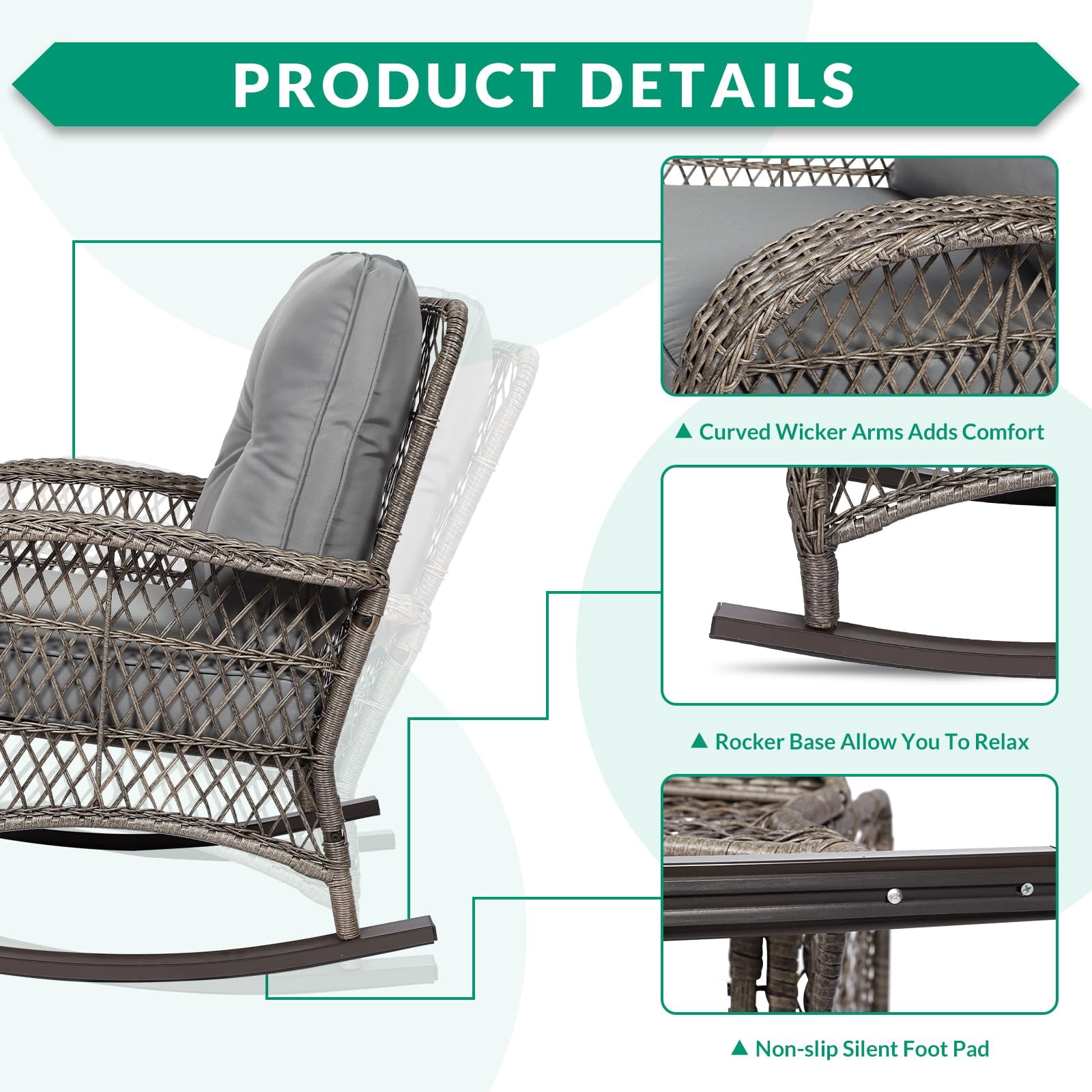 VIVIJASON 5-Piece Outdoor Patio Wicker Conversation Sets, All Weather Outdoor Rattan Furniture Set Includes Glider Loveseat, 2 Coffee Table, 2 Rocking Chairs with Cushions for Backyard, Grey