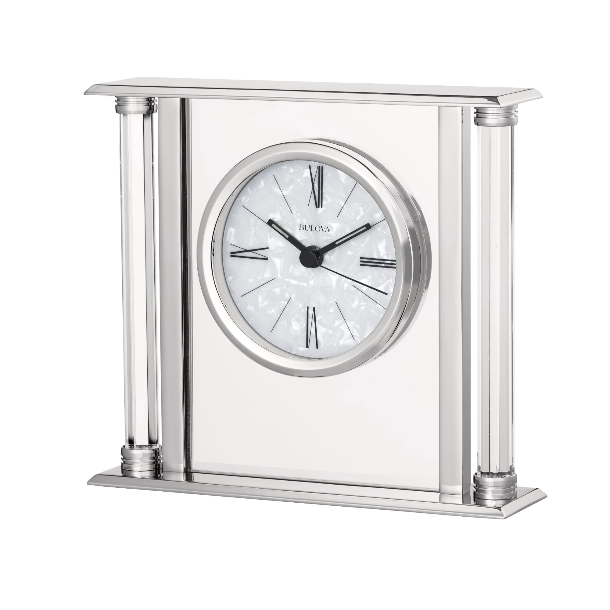 Bulova Pearl Quartz Silver Tone Metallic/Glass Mantel Clock B 2454