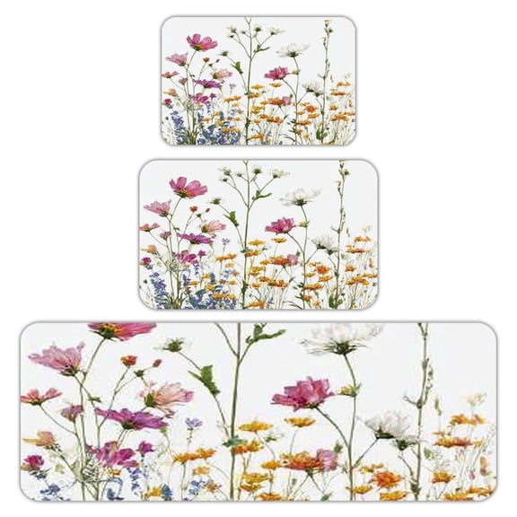RKSupls Kitchen Rug Set 3 Piece Anti-Slip Flannel Floor Mats, Wildflowers Watercolor White Washable Absorbent Runner Mats for Kitchen Bathroom Home Decor