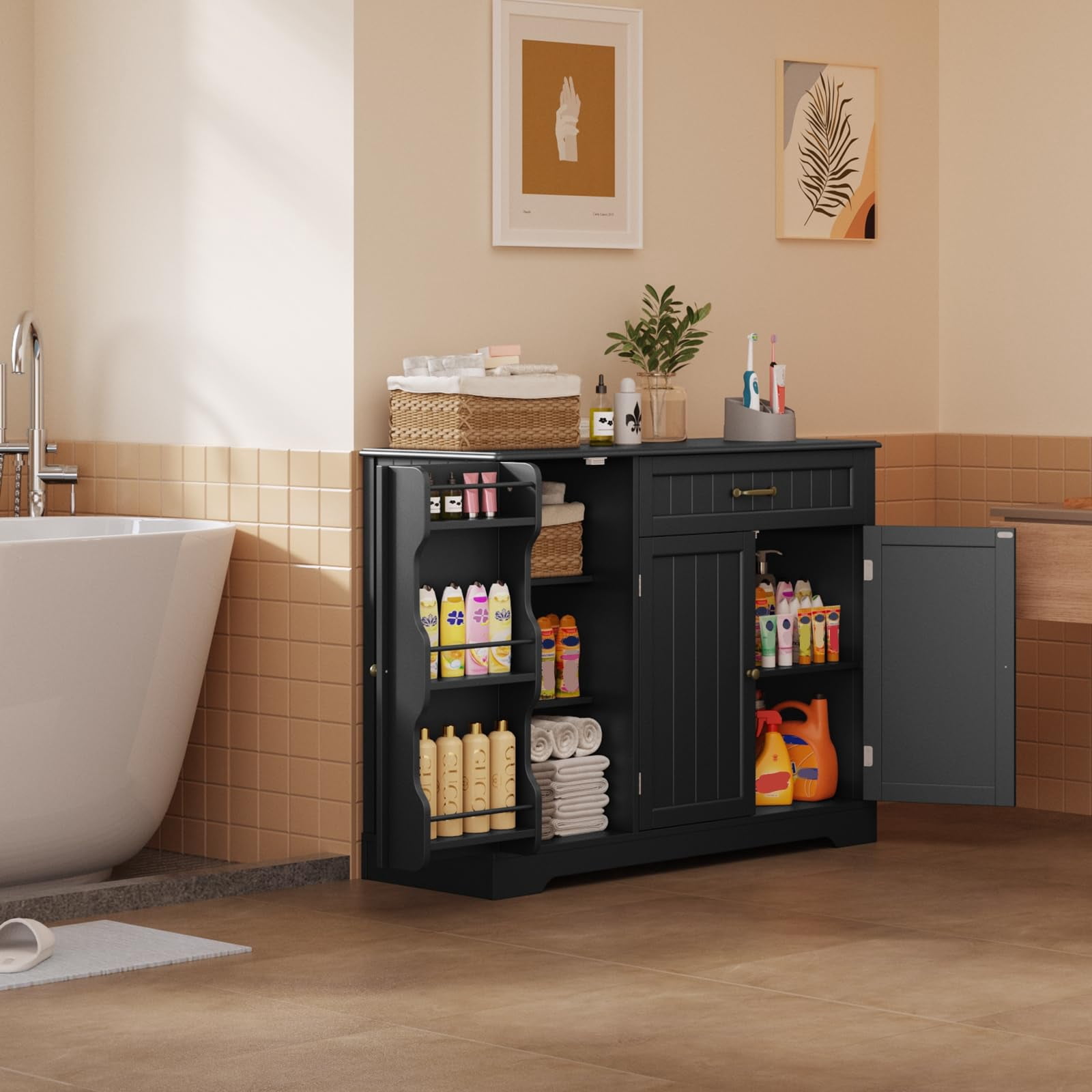Coffee Bar Cabinet, Lofka 42" Farmhouse Kitchen Storage Sideboard Buffet Cabinet with 8 Shelves & 1 Drawer, Multifunctional Console Table for Dining Living Room Entryway Coffee Station, Black