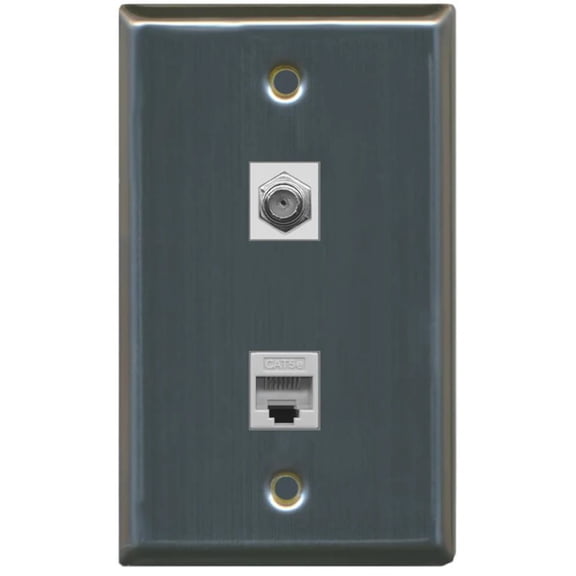 RiteAV - 1 Coax F Type and 1 Cat5e Ethernet Port Wall Plate - Stainless Steel - Bracket Included