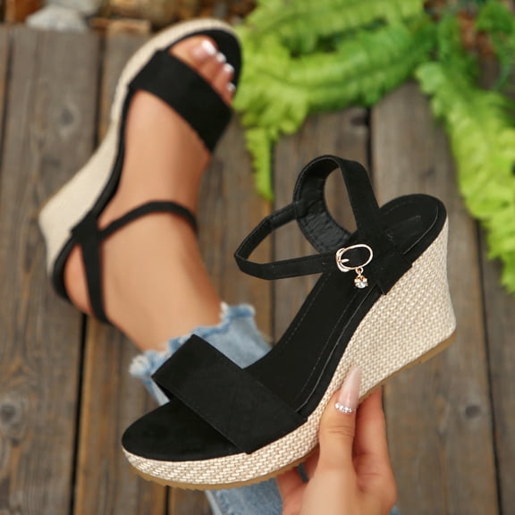 Women's Sandals Women's Fashionable Casual Spring And Summer Versatile Plus Size Beach Sandals Solid Color Round Toe Open Toe One-Strap Wedge Sandals,Black,41