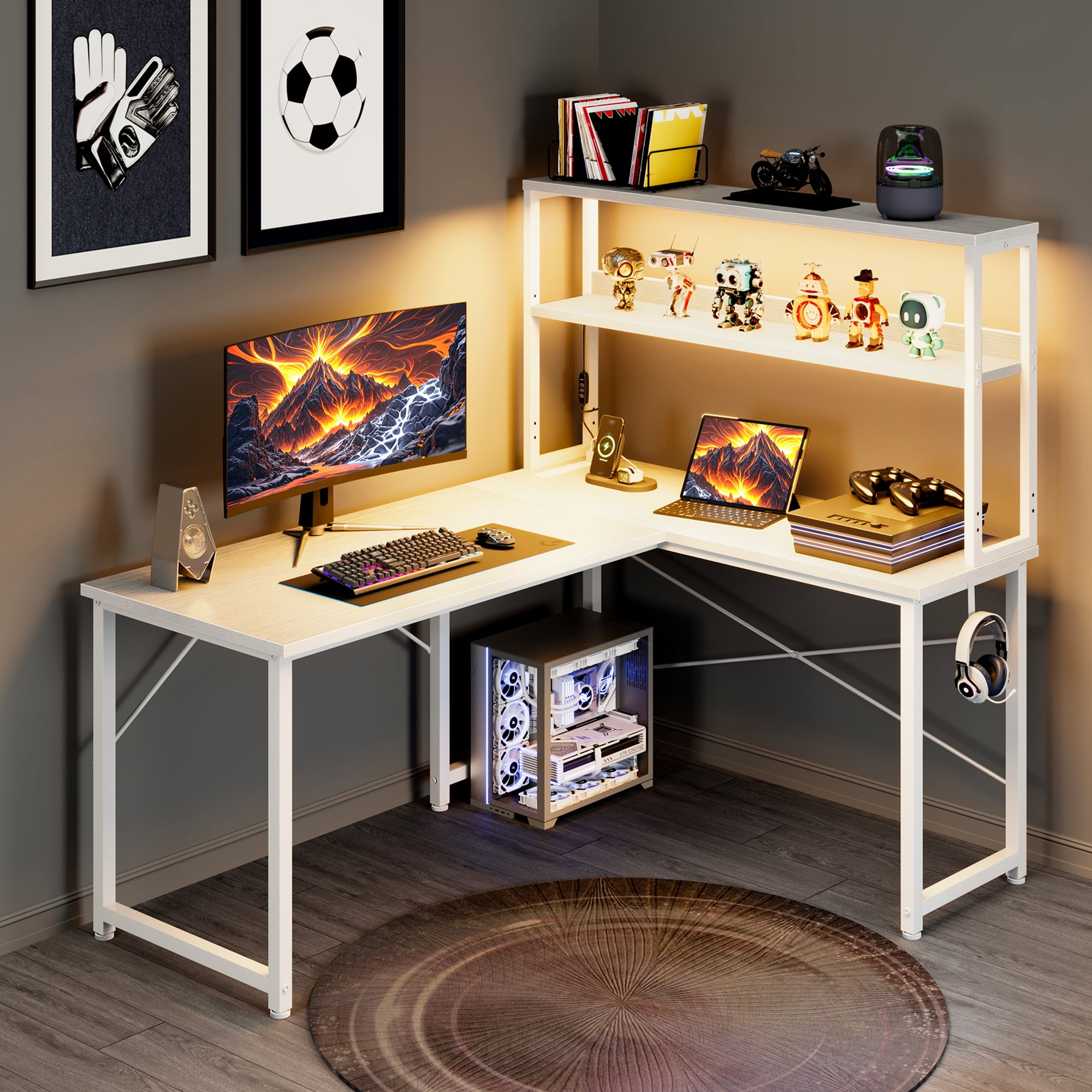 Casacomoda 43 Inch L Shaped Desk with LED Light & Power Outlet, Reversible L Shaped Computer Table with Shelf & Hook for Home Office, White