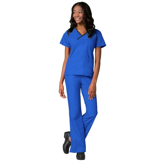 Maevn Core Women's Y-Neck Mock Wrap Top & Flare Leg Pant Scrub Set