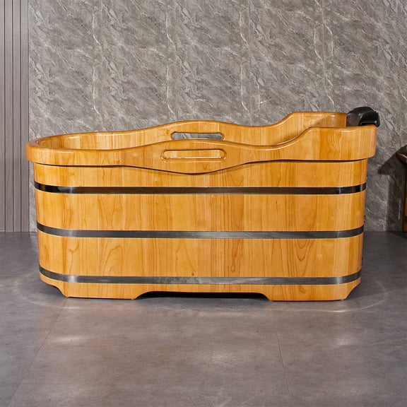 JRYTIN 59 Inch Freestanding Wooden Bathtub, Handcrafted Japanese Oval Soaking Tub in Solid Rubberwood with Seat, Pillow, Armrests and Chrome Pop Up Drain, Wooden Hot Tub for Home Spa, STT15001