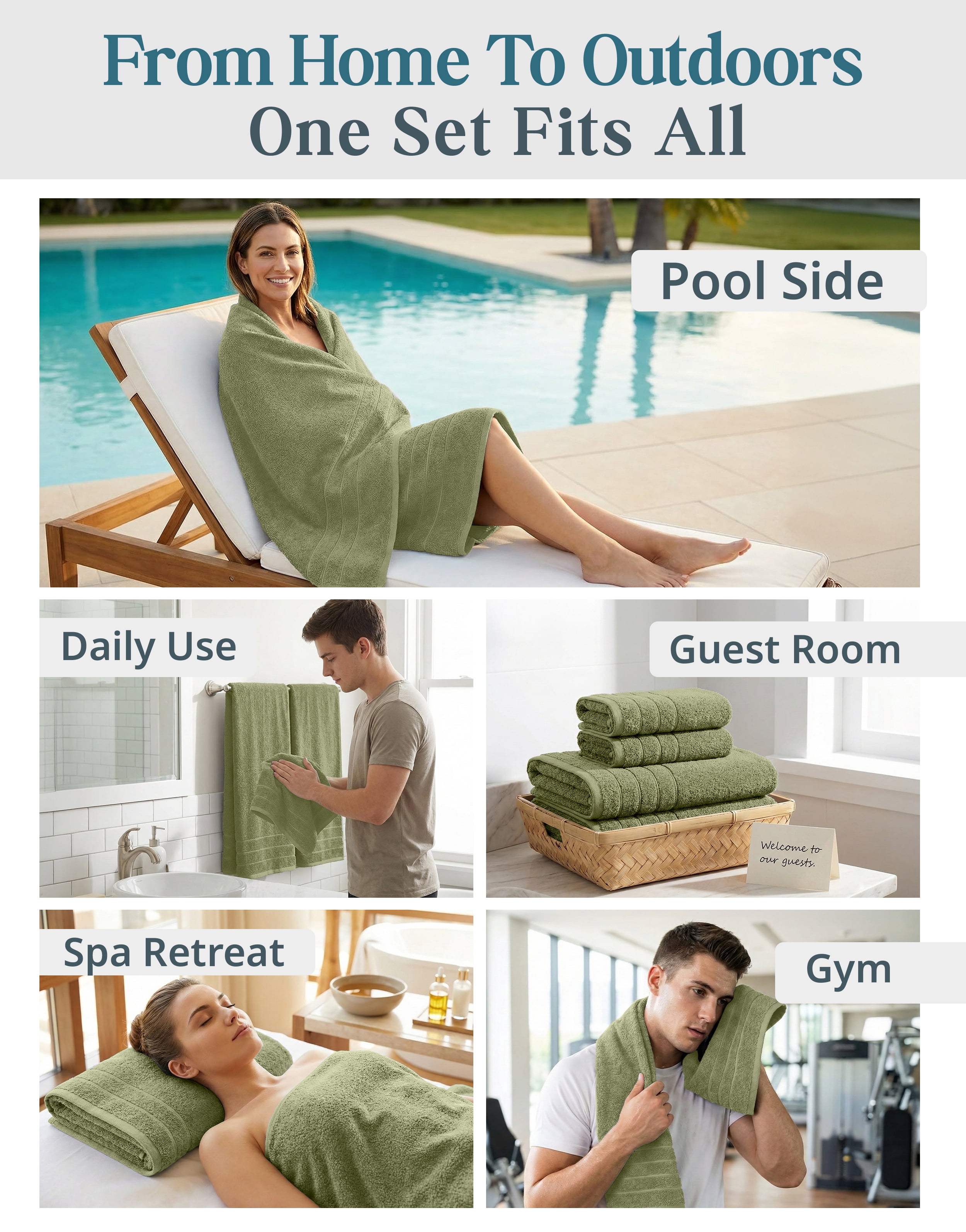 Casa Platino Bath Towel Set of 8– 100% Ring-Spun Cotton, 2 Large Bath Towel, 2 Hand Towels & 4 Wash cloths, Quick Dry & Long-Lasting, Perfect for Family Bathrooms – Oil Green